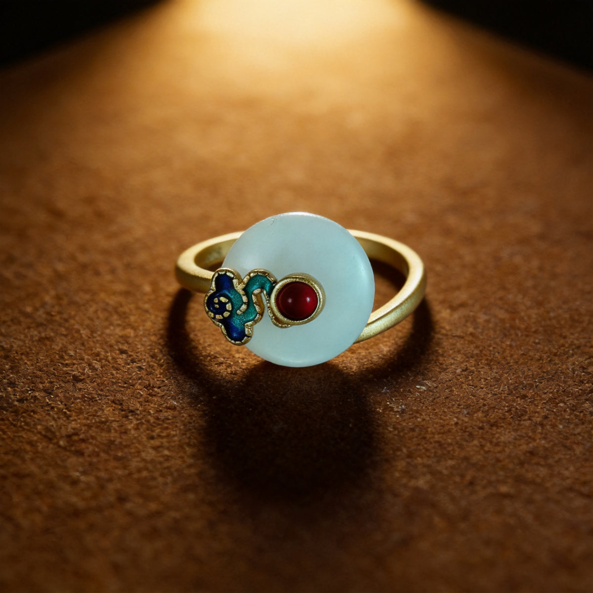Kailash Way White Jade Auspicious Cloud Endless Luck Ring front view with stone setting