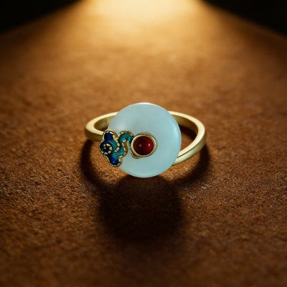 Kailash Way White Jade Auspicious Cloud Endless Luck Ring front view with stone setting