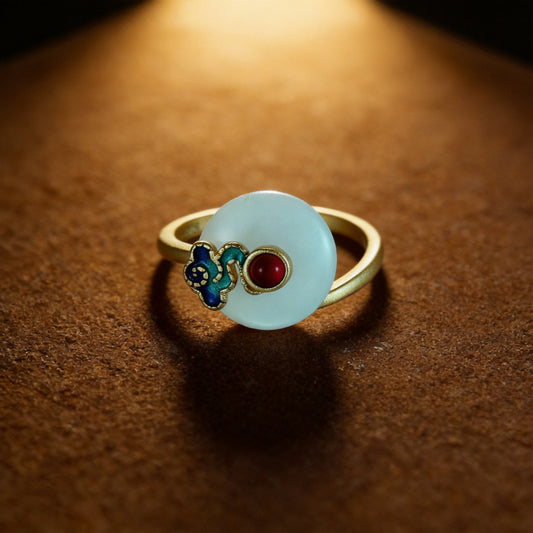 Kailash Way White Jade Auspicious Cloud Endless Luck Ring front view with stone setting