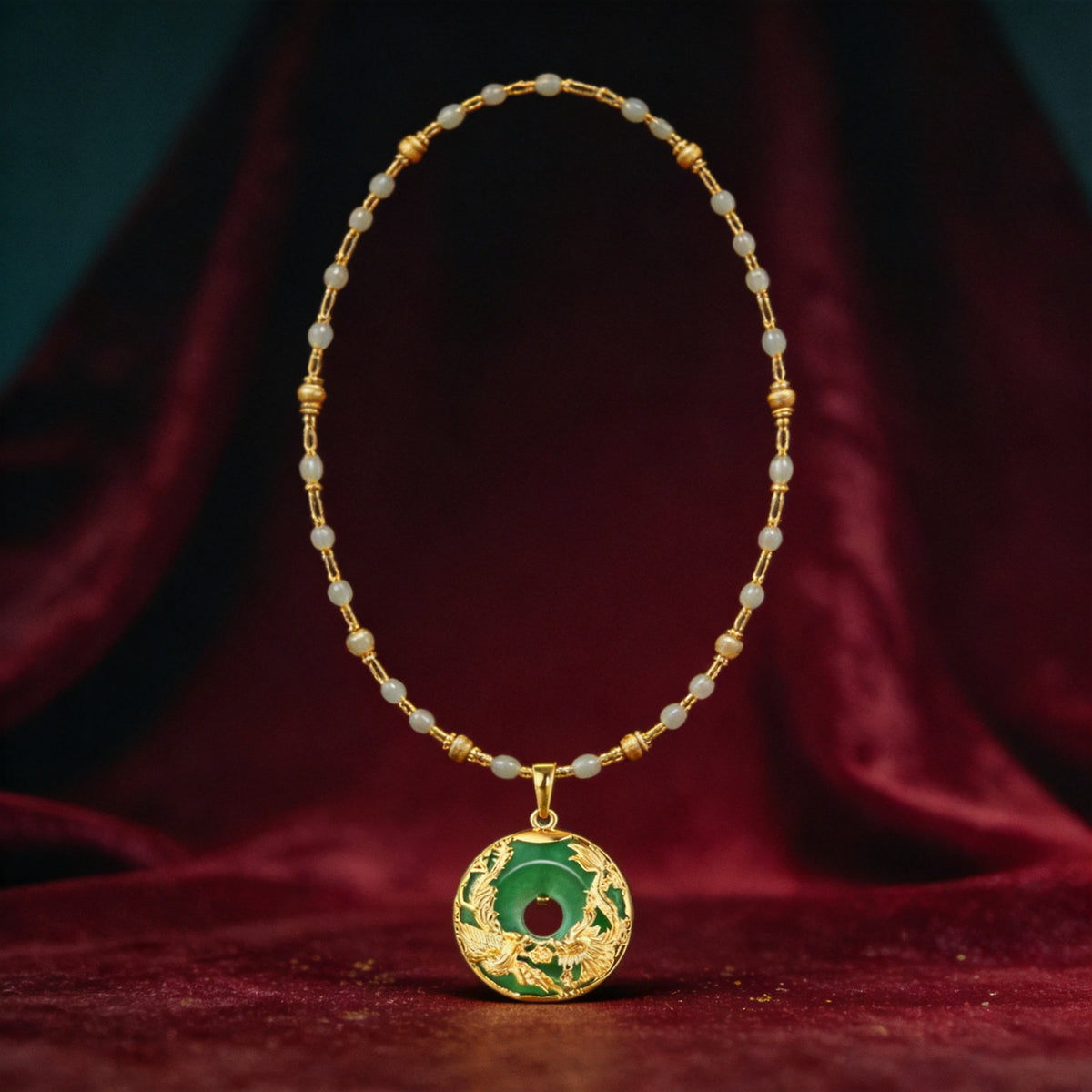 Kailash Way Jade Dragon & Phoenix Prosperity Luck Necklace front view with pendant