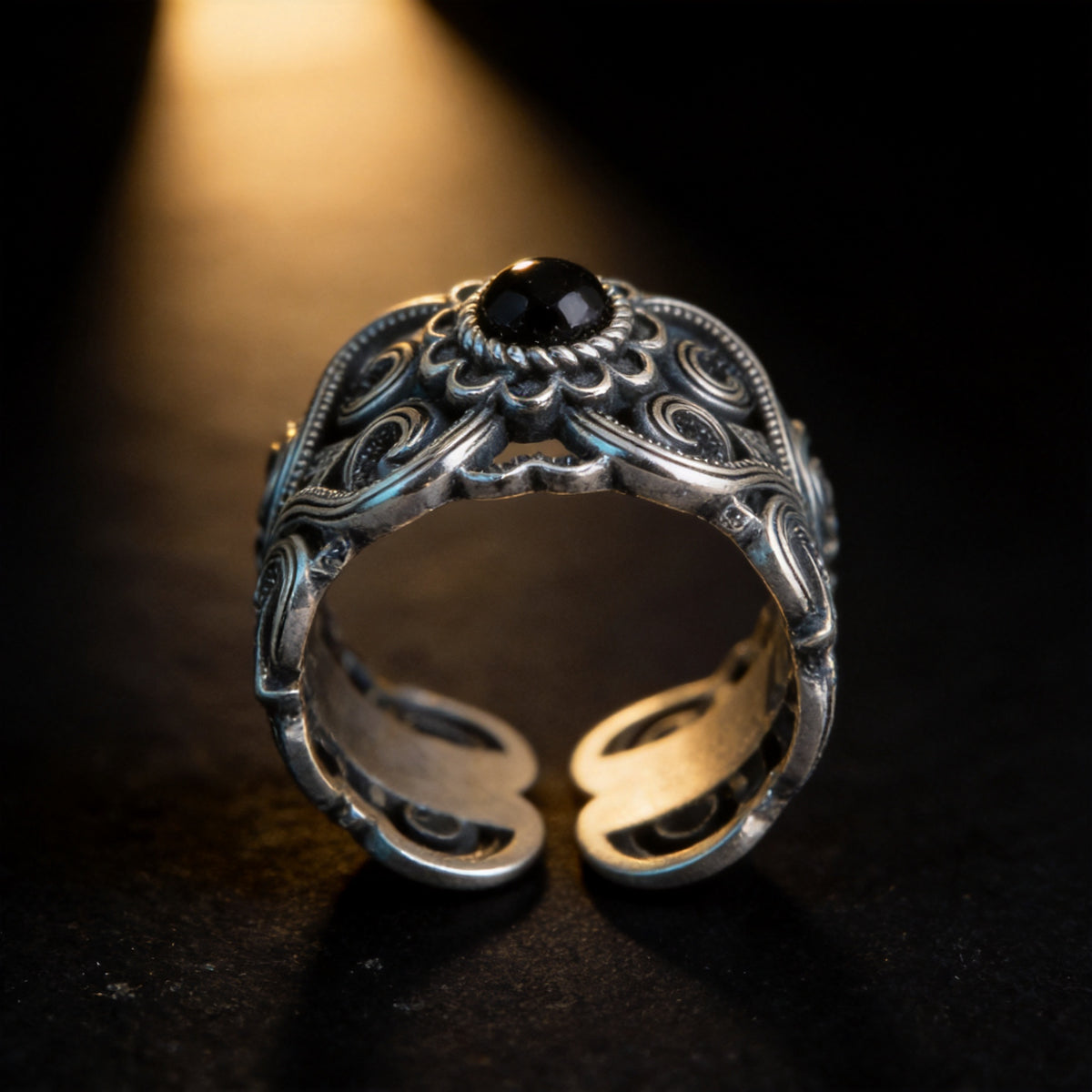 Kailash Way Black Agate Shielding Protection Ring front view with stone setting