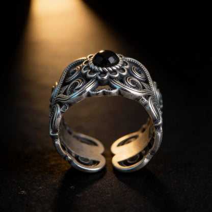 Kailash Way Black Agate Shielding Protection Ring front view with stone setting