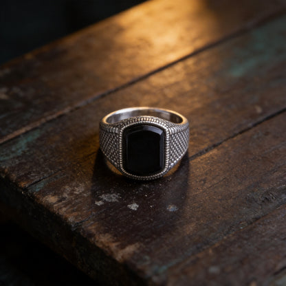 Kailash Way Obsidian Shielding Good Luck Ring front view with stone setting