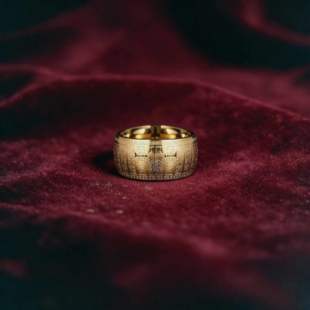 Kailash Way Stainless Steel Heart Sutra Blessings Protection Ring front view with stone setting