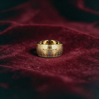 Kailash Way Stainless Steel Heart Sutra Blessings Protection Ring front view with stone setting