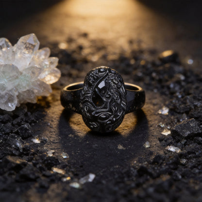 Kailash Way Black Obsidian Pixiu Abundance Protection Ring front view with stone setting