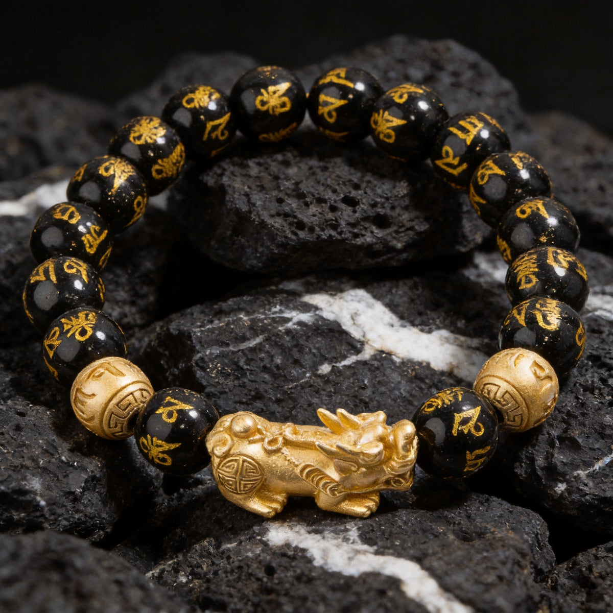 Kailash Way Black Obsidian Pi Xiu Prosperity Luck Bracelet front view