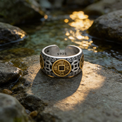 Kailash Way Silver Five-Emperor Wealth Luck Protection Ring front view with stone setting