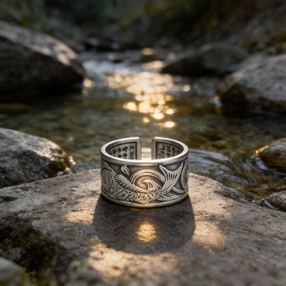 Kailash Way Silver Carp Abundance Luck Mantra Ring front view with stone setting