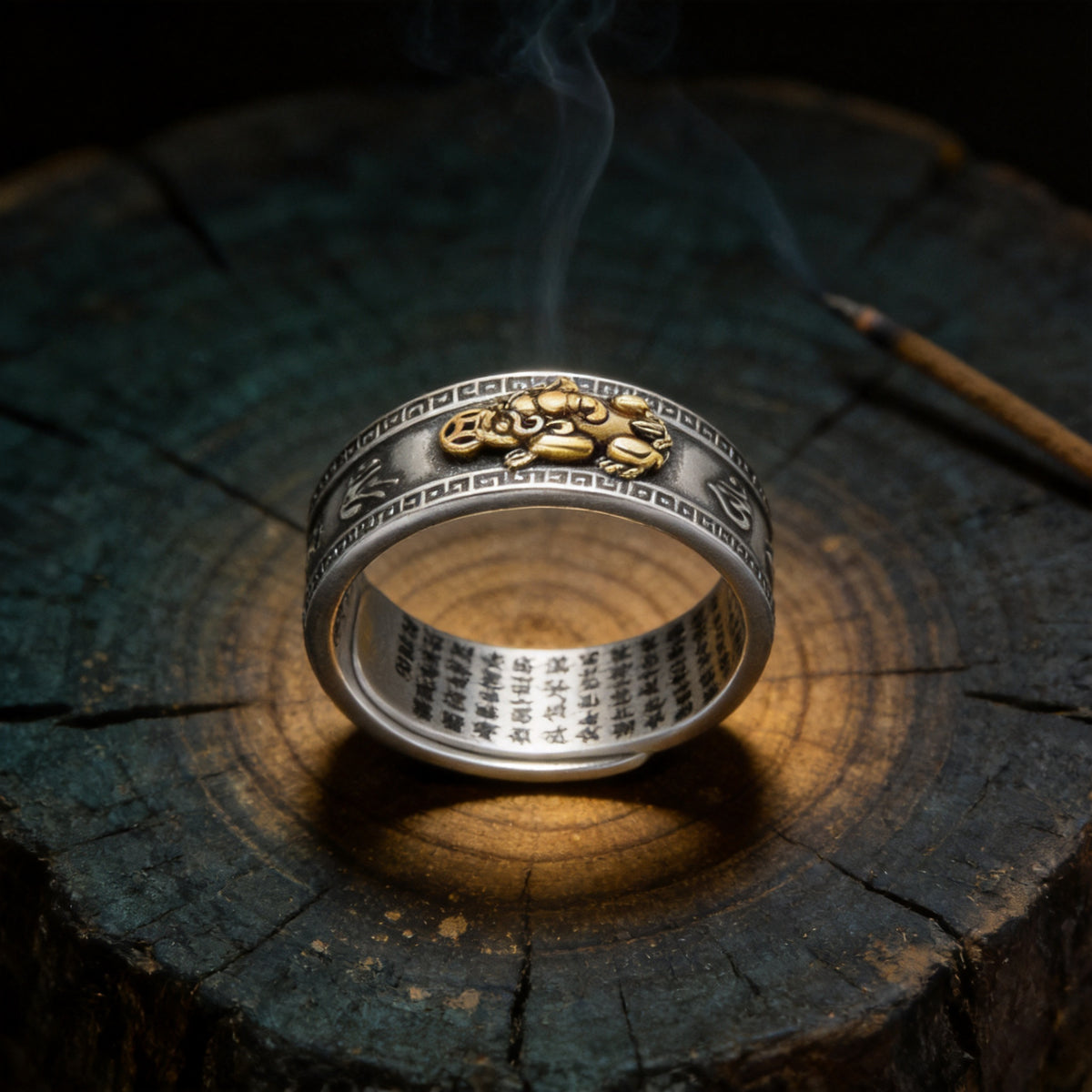 Kailash Way Mantra Pixiu Wealth Protection Ring front view with stone setting