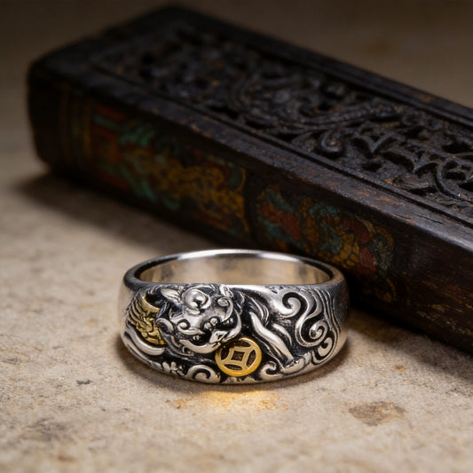Kailash Way Pixiu Wealth Abundance Attraction Ring front view with stone setting