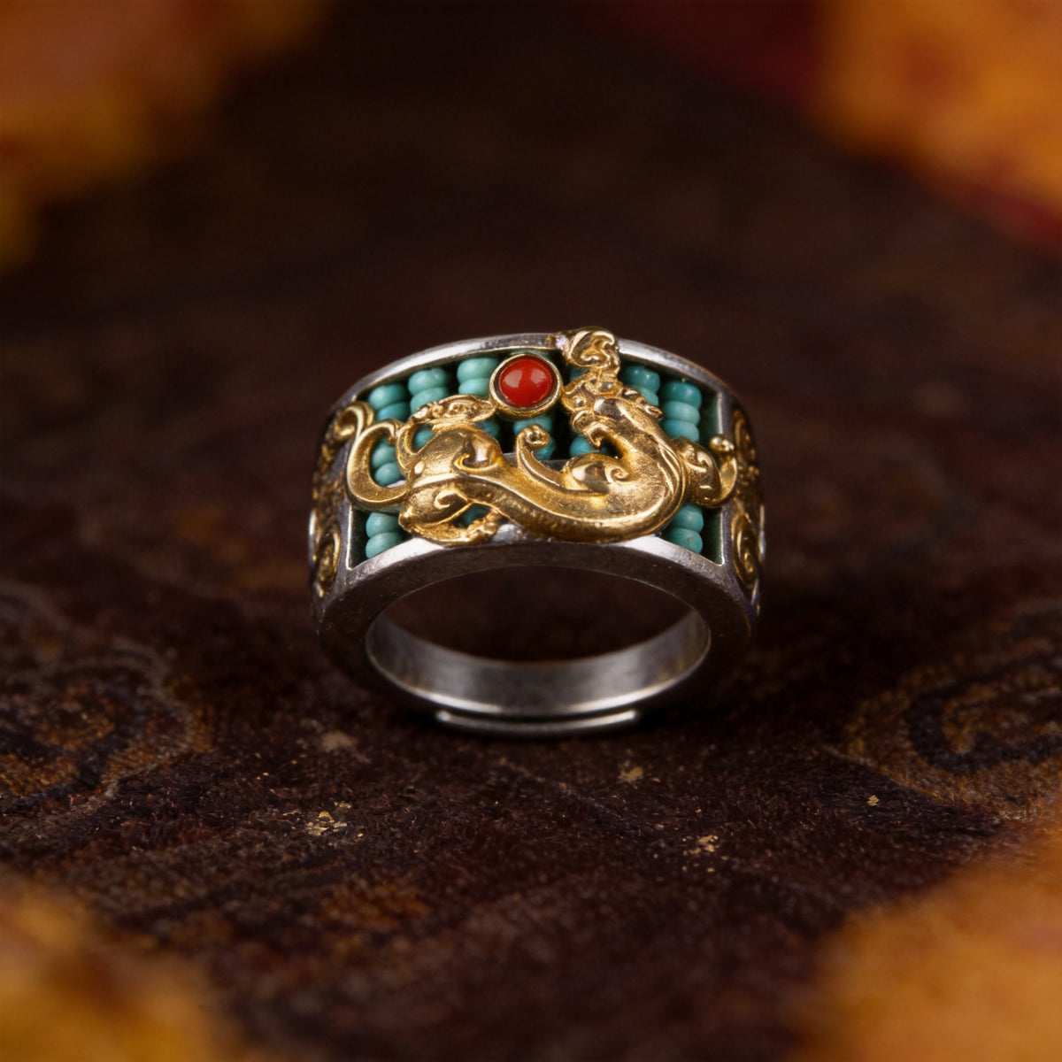 Kailash Way Silver Pixiu Prosperity Wealth Ring front view with stone setting