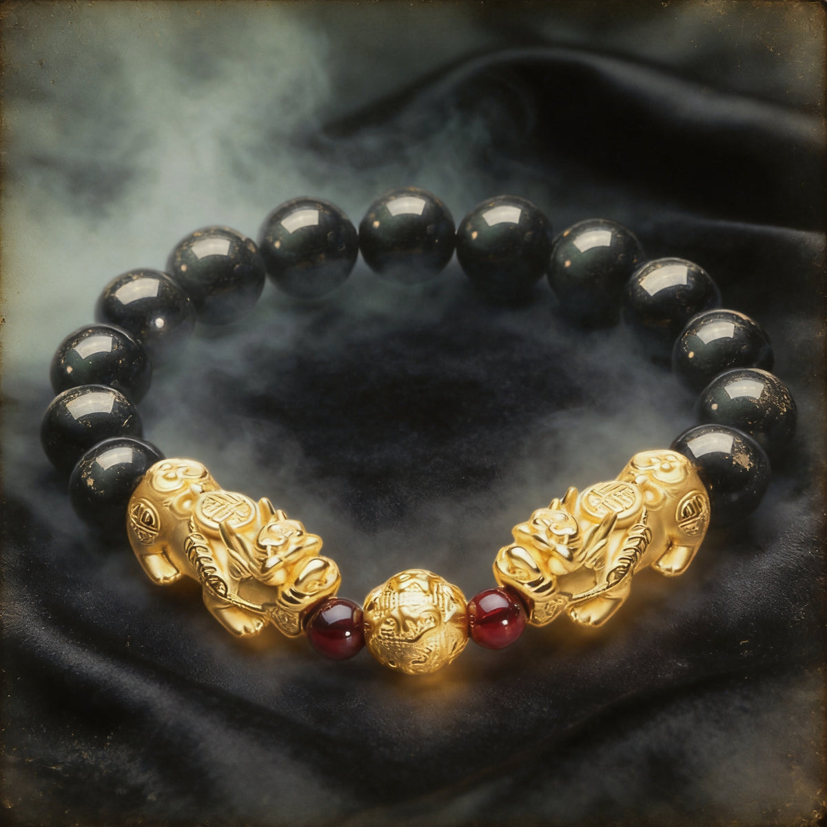 Kailash Way Black & Red Agate Pixiu Balance Positivity Bracelet front view