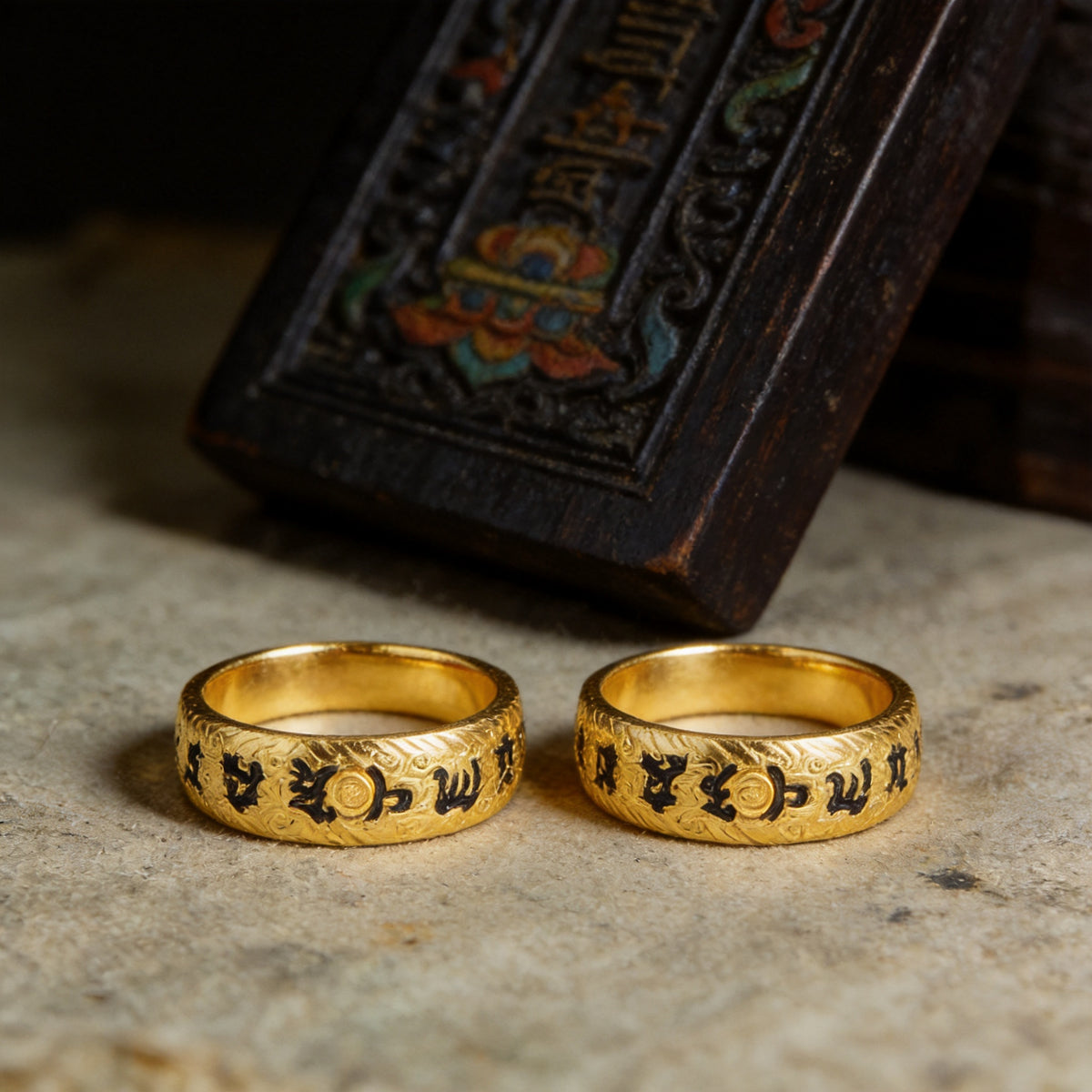 Kailash Way Gold Om Mani Padme Hum Blessing Mantra Ring front view with stone setting