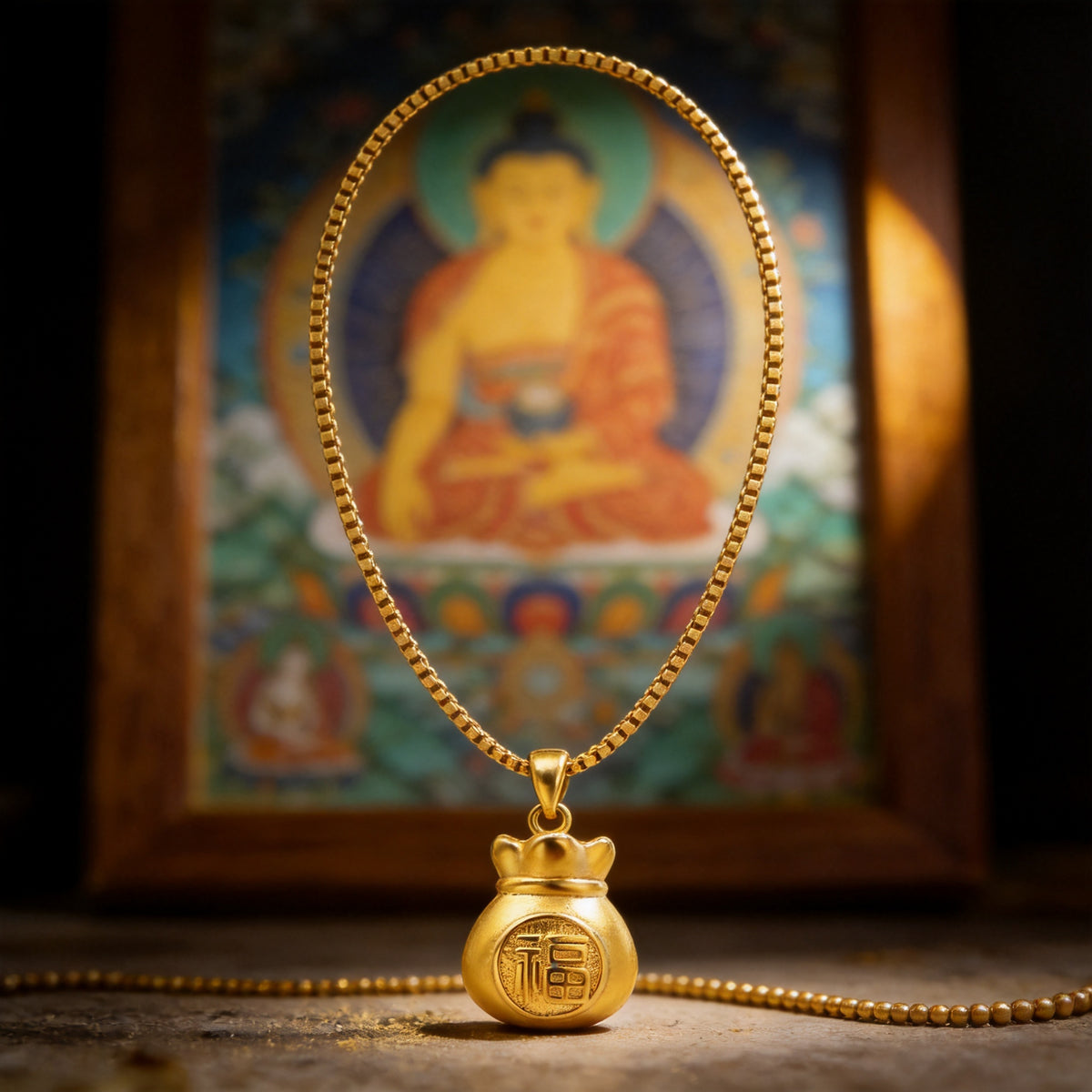 Kailash Way Gold Money Bag Prosperity Wealth Necklace front view with pendant