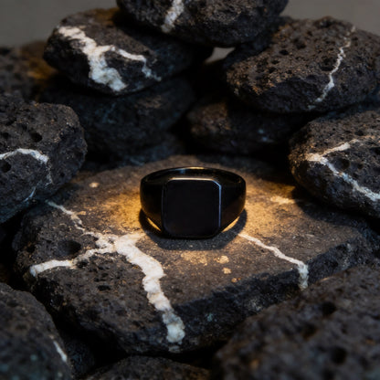 Kailash Way Black Onyx Shielding Energy Protection Ring front view with stone setting