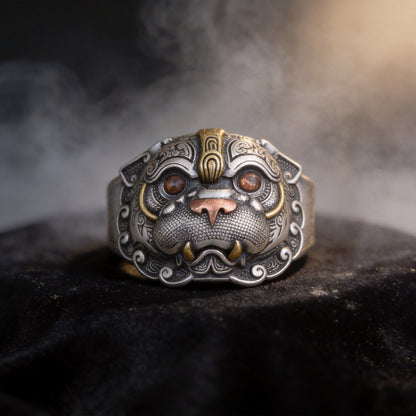Kailash Way Adjustable Pixiu Prosperity Wealth Attraction Ring front view with stone setting