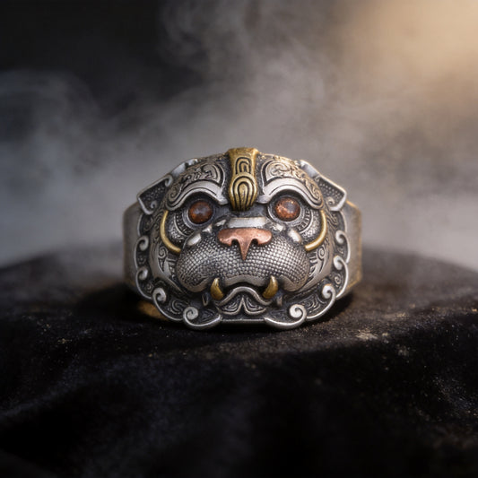 Kailash Way Adjustable Pixiu Prosperity Wealth Attraction Ring front view with stone setting