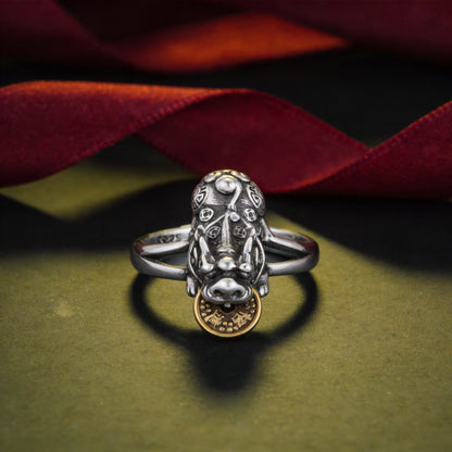Kailash Way Silver Pixiu Prosperity Wealth Fortune Ring front view with stone setting