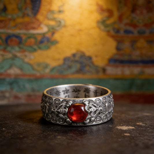Kailash Way Garnet Pixiu Luck Protection Ring front view with stone setting