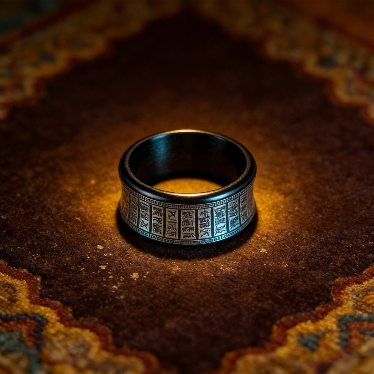 Kailash Way Rotating Mantra Prayer Protection Spinner Ring front view with stone setting