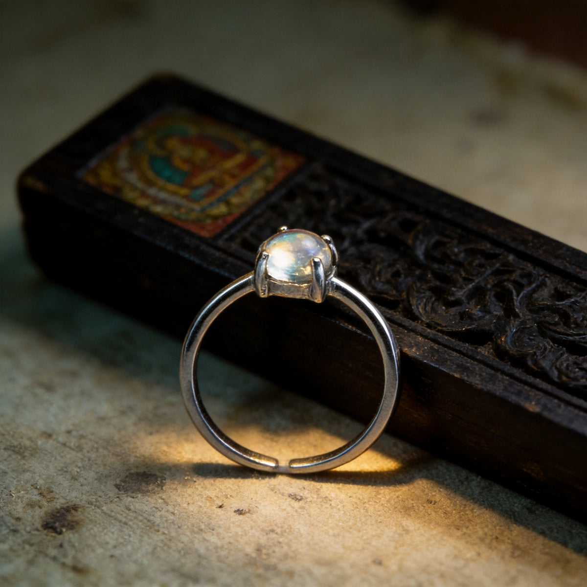 Kailash Way Silver Moonstone Psychic Protection Ring front view with stone setting