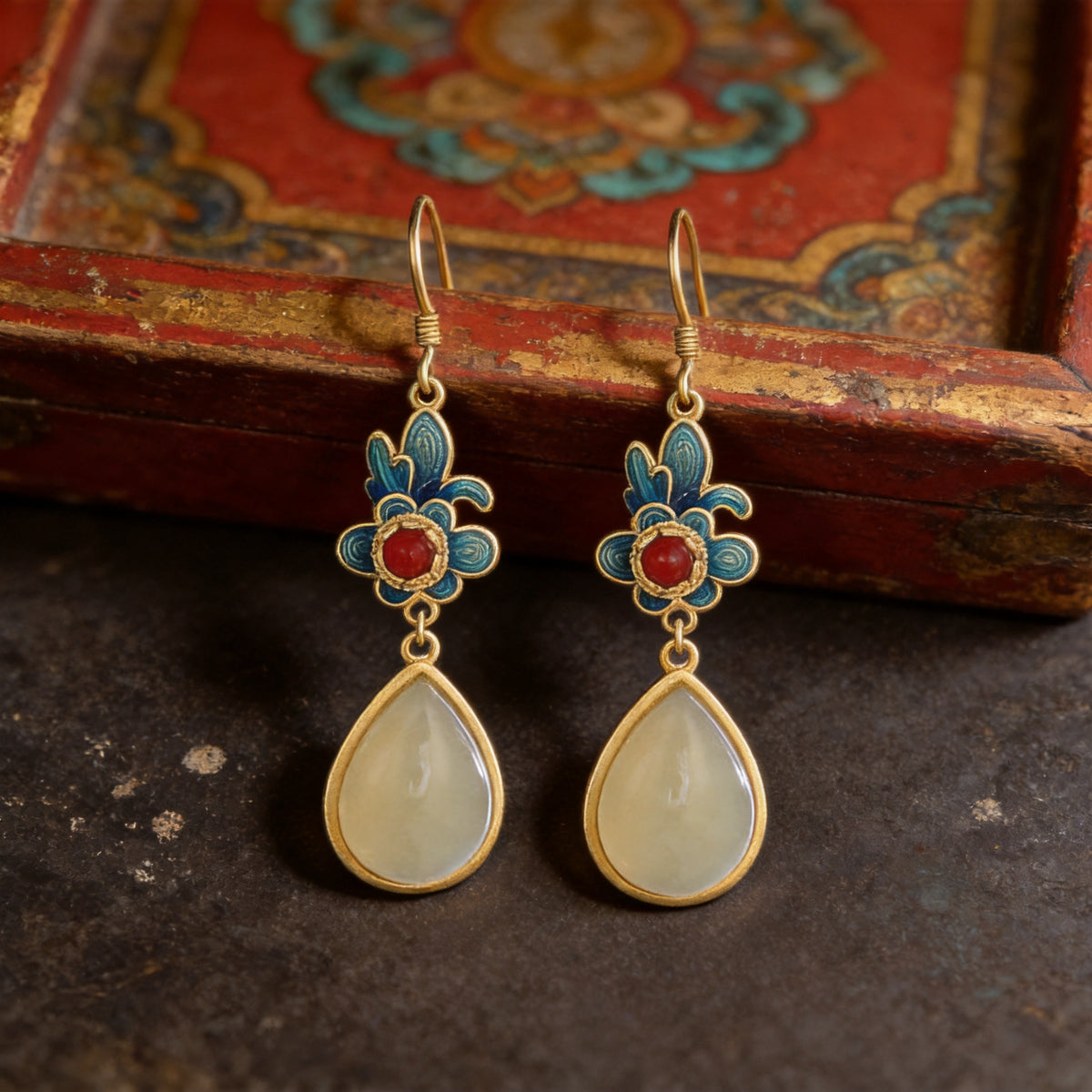 Kailash Way Red Agate Jade Prosperity Blessing Earrings front view