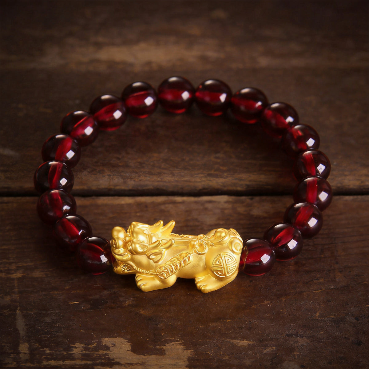 Kailash Way Red Garnet Pixiu Wealth Energy Ring front view with stone setting