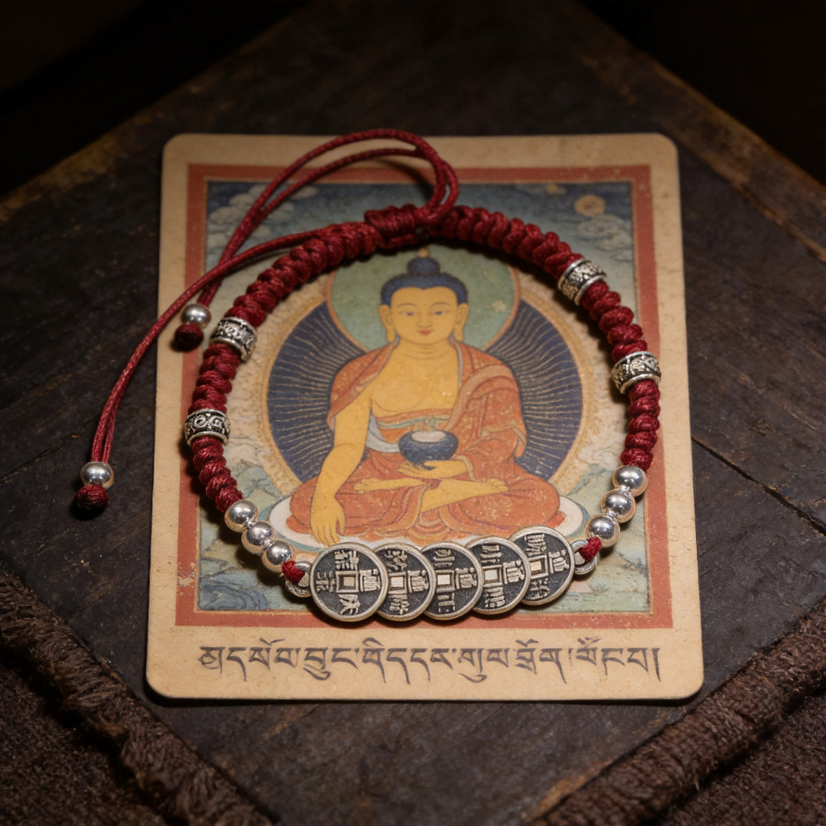 Kailash Way Red Rope Five Emperor Wealth Feng Shui Bracelet front view