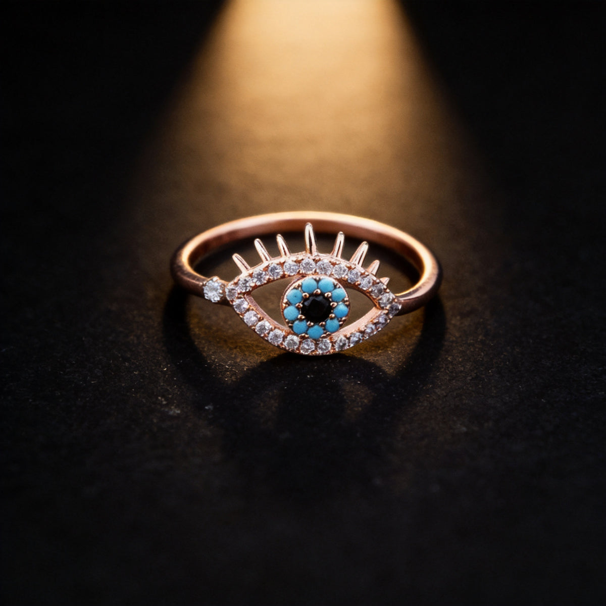 Kailash Way Rosegold Evil Eye Luck Protection Ring front view with stone setting
