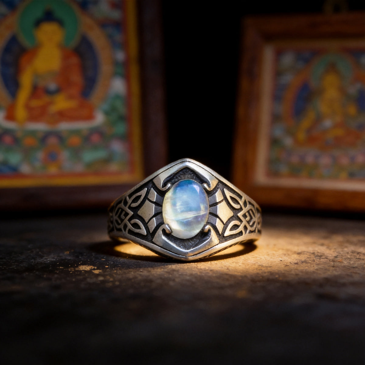 Kailash Way Moonstone Protection Balance Ring front view with stone setting