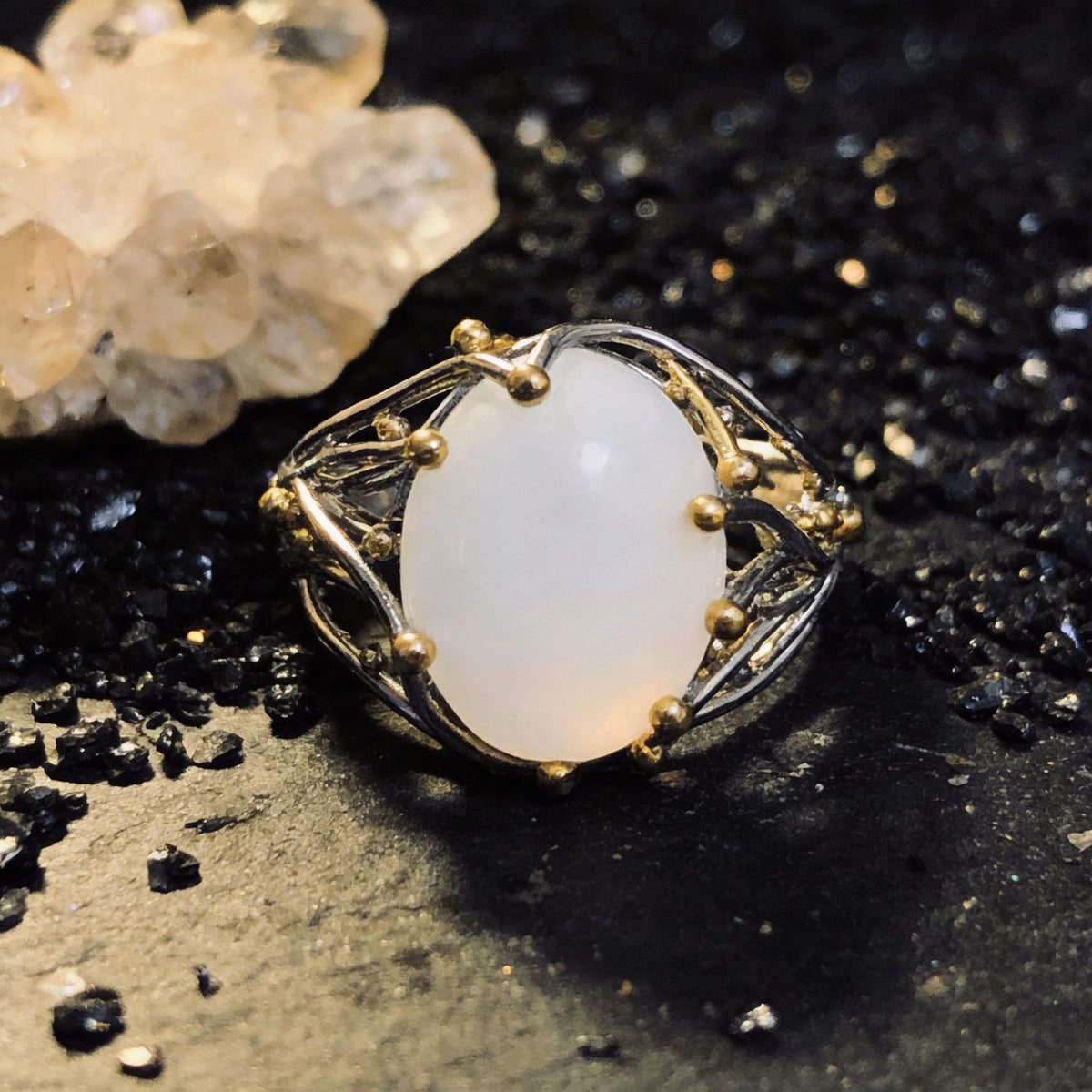 Kailash Way Silver Moonstone Spiritual Guidance Protection Ring front view with stone setting