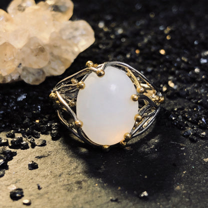 Kailash Way Silver Moonstone Spiritual Guidance Protection Ring front view with stone setting