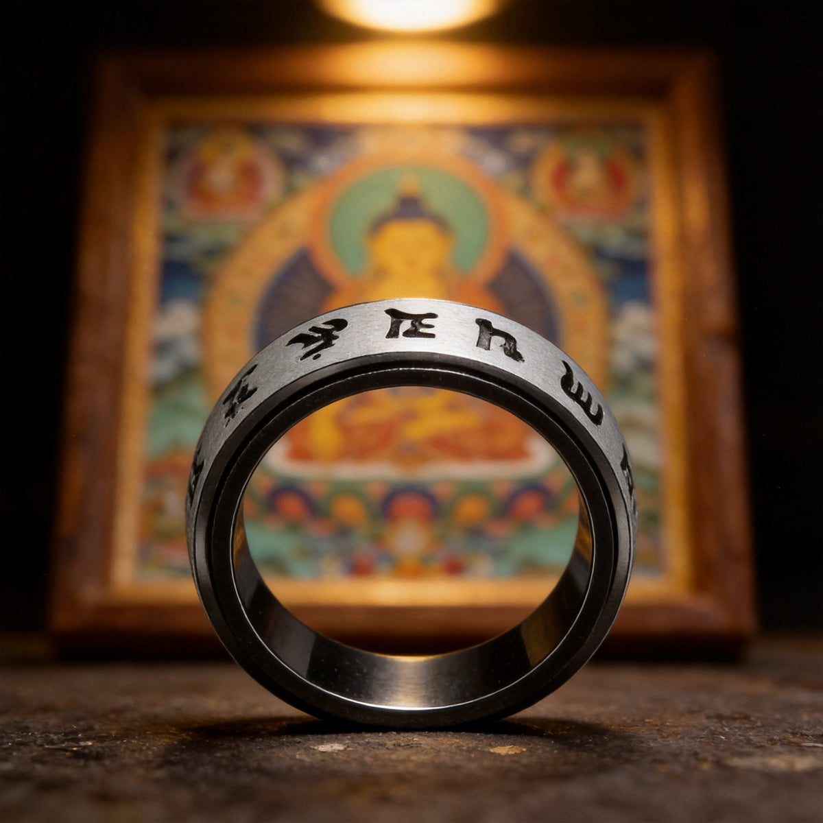 Kailash Way Titanium OM Mantra Enlightenment Rotating Ring front view with stone setting