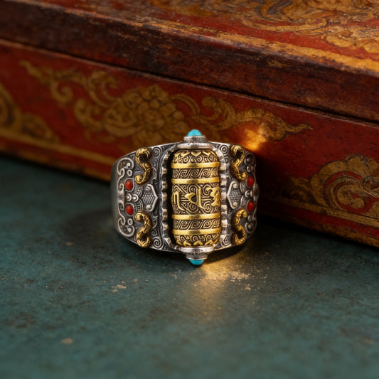 Kailash Way Gold Mantra Compassion Blessings Ring front view with stone setting