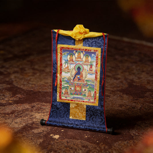 Kailash Way Wood Healing Medicine Buddha Spiritual Scroll front view standing