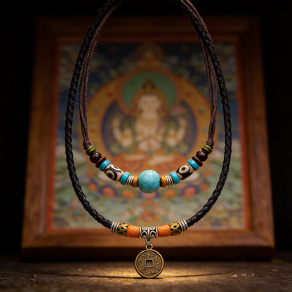 Kailash Way Turquoise Lucky Coin Prosperity Protection Necklace front view with pendant