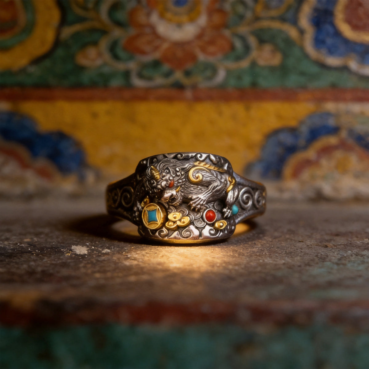 Kailash Way Garnet Pixiu Wealth Protection Ring front view with stone setting