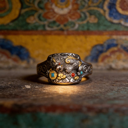 Kailash Way Garnet Pixiu Wealth Protection Ring front view with stone setting