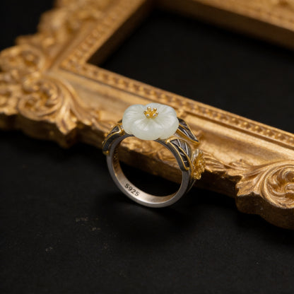 Kailash Way White Jade Plum Blossom Prosperity Ring front view with stone setting