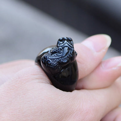 Kailash Way Black Obsidian Pixiu Abundance Protection Ring