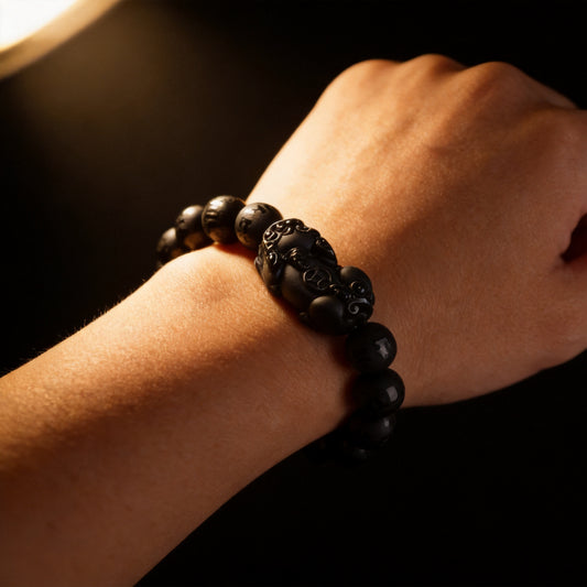 Kailash Way Obsidian Pixiu Wealth Protection Bracelet worn on wrist