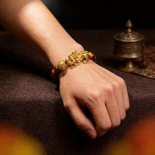 Kailash Way Tiger's Eye Piyao Wealth Fortune Bracelet worn on wrist