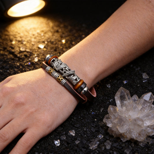 Kailash Way Leather Dragon Fortune Protection Bracelet worn on wrist
