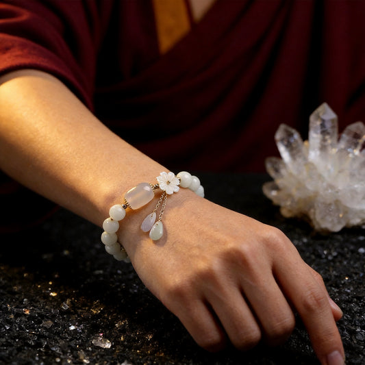 Kailash Way Jade Flower Prosperity Health Bracelet worn on wrist