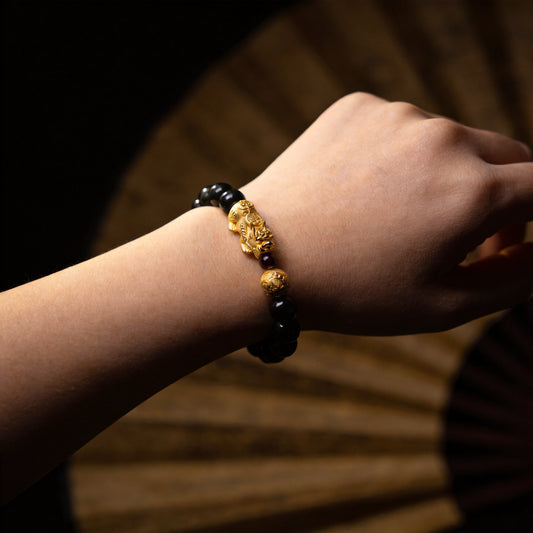 Kailash Way Black & Red Agate Pixiu Balance Positivity Bracelet worn on wrist