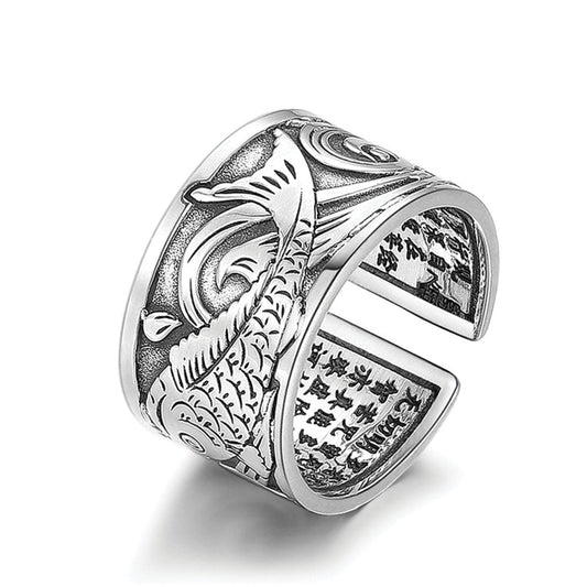 Kailash Way Silver Carp Abundance Luck Mantra Ring