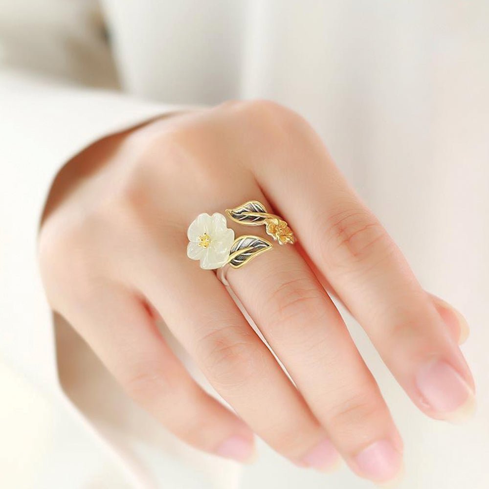 Kailash Way White Jade Plum Blossom Prosperity Ring